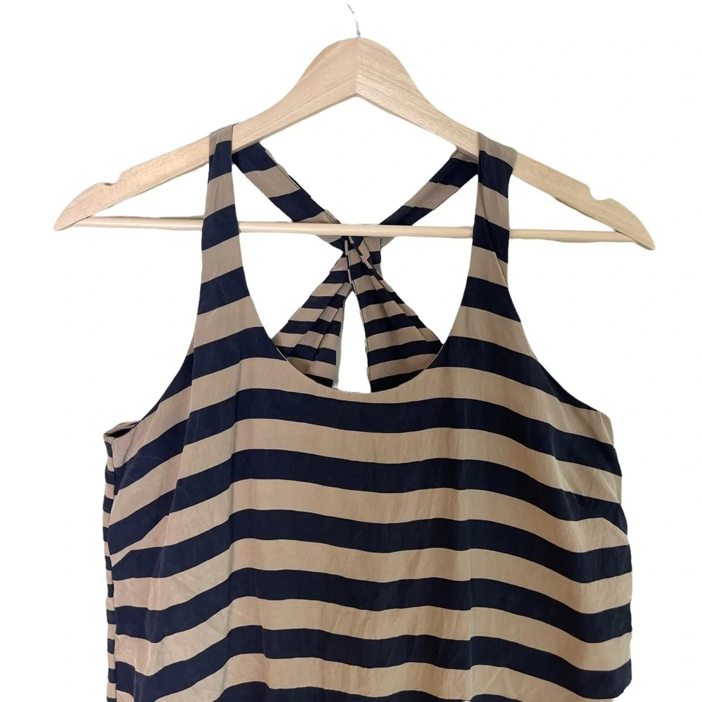 BCBG MAXAZRIA Edita Pure Silk Striped Navy and Tan Twisted Racer Back Tank Top